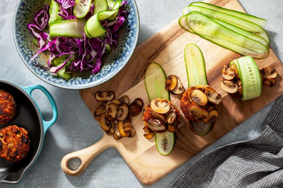 Bunless tempeh–black bean sliders with cucumber slaw