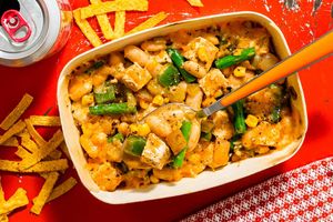 White chicken chili with corn, bell peppers, and chiles