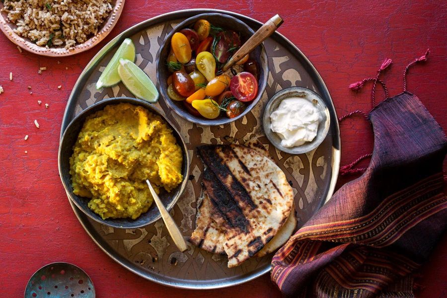 Red lentil dal with mint rice, yogurt, and naan