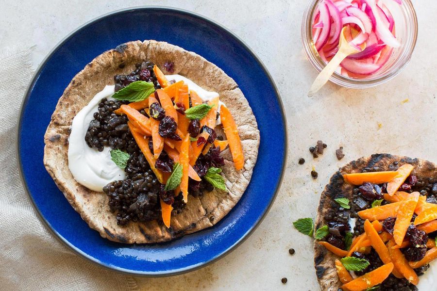 North African black lentil pitas with tangy carrot-cranberry salad