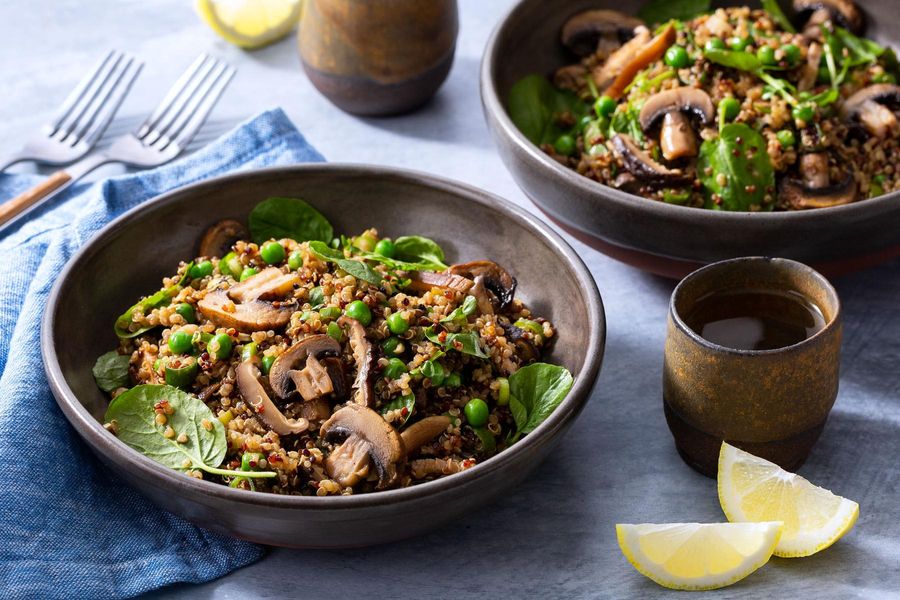 Triple-mushroom quinoa with watercress, scallions, and peas