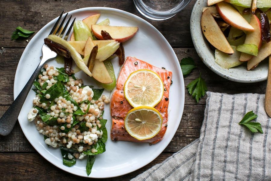 Roasted salmon with pearl couscous and date-apple salad