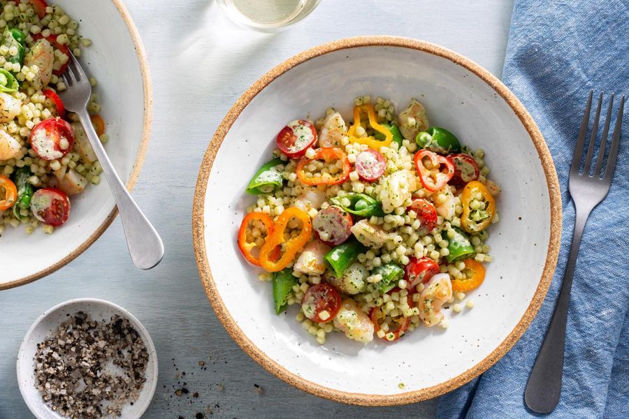 Mediterranean shrimp and couscous salad with green goddess dressing