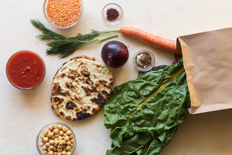 Red Lentil Curry Dip with Chard and Naan