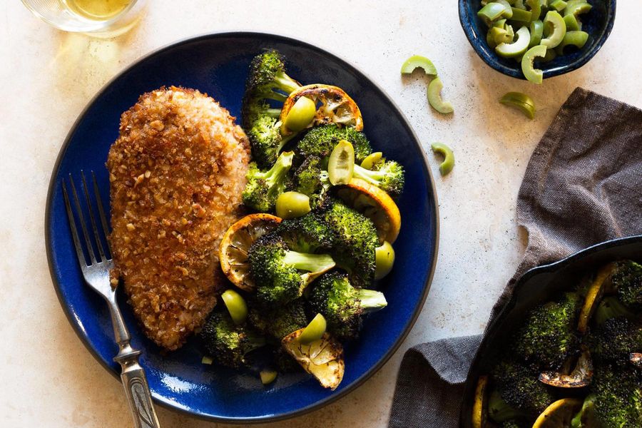 Walnut-crusted chicken diavola with lemon-roasted broccoli