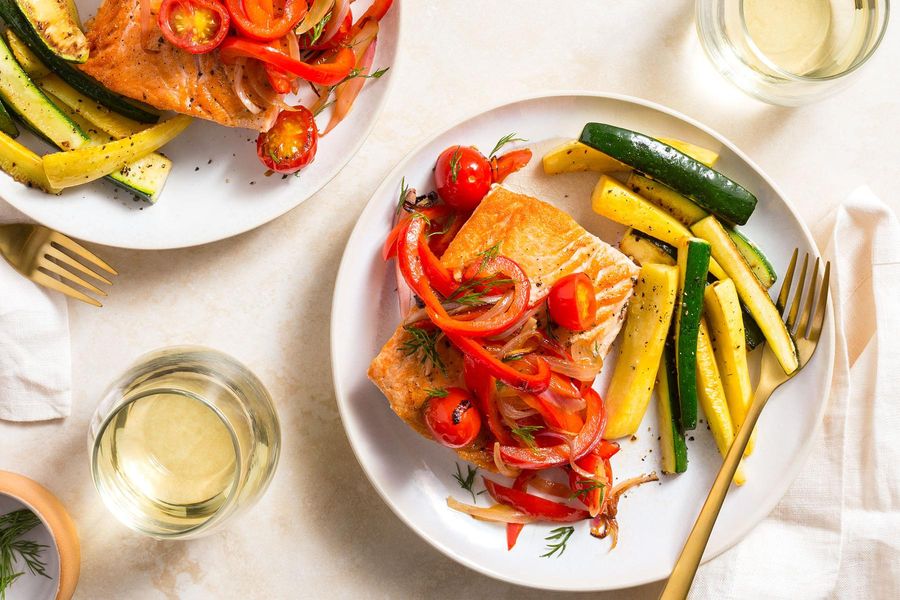 Pan-seared salmon with peperonata and charred summer squash