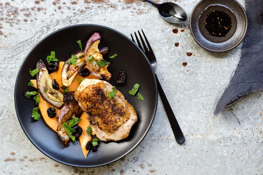 Roast chicken with heirloom eggplant and melon salad