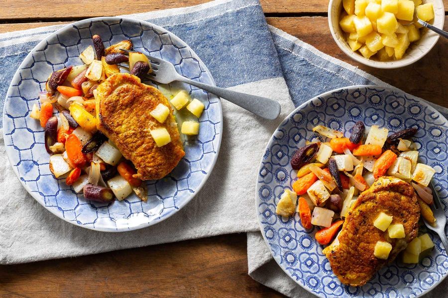 Curried pork with roasted root vegetables and apple-ginger mostarda