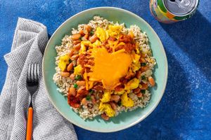 Huevos rancheros with spiced pinto beans and brown rice