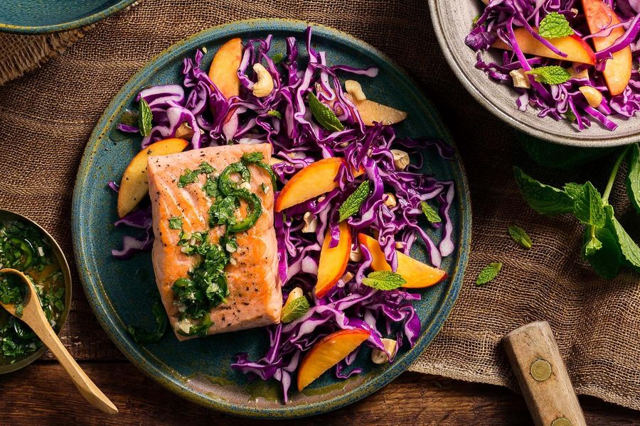 Thai-style salmon with peach-cabbage slaw