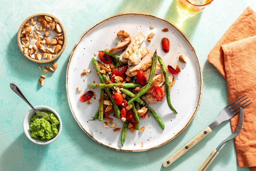 Catalan chicken with green romesco and Spanish green beans