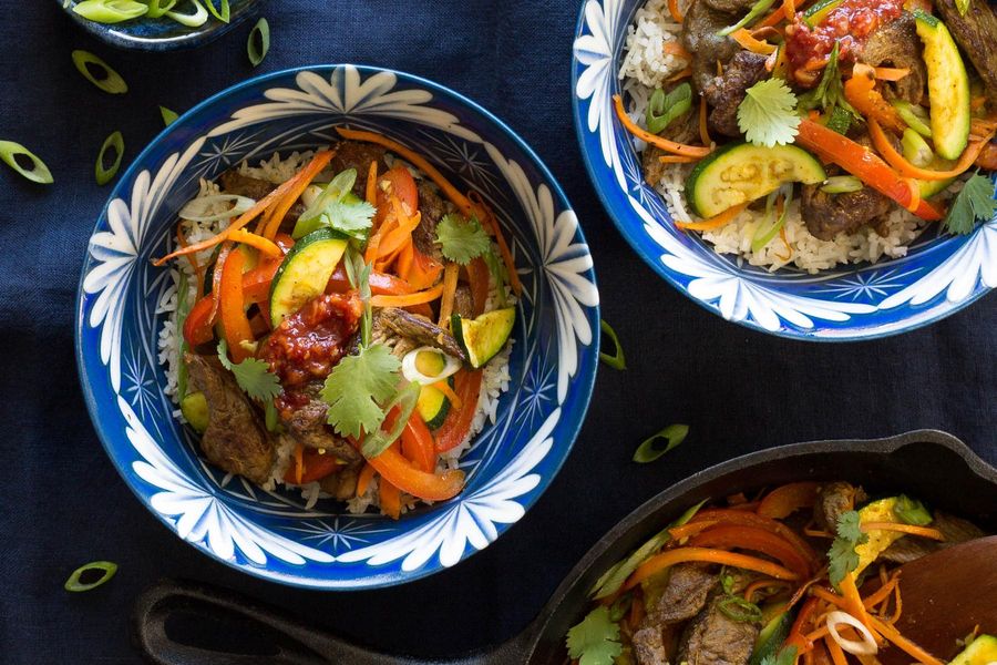 Vietnamese steak stir-fry with jasmine rice