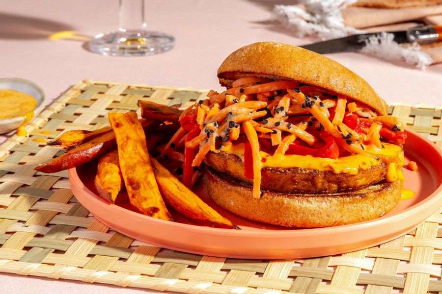 Bali tofu burgers with sambal mayo and sweet potato fries