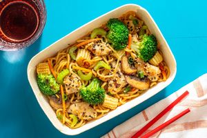 Vegetarian chow mein with Daring plant-based chicken