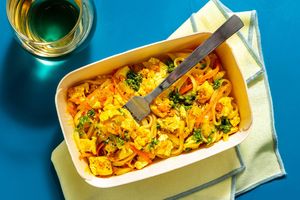 Lemongrass tofu with rice noodles and walnut basil pesto