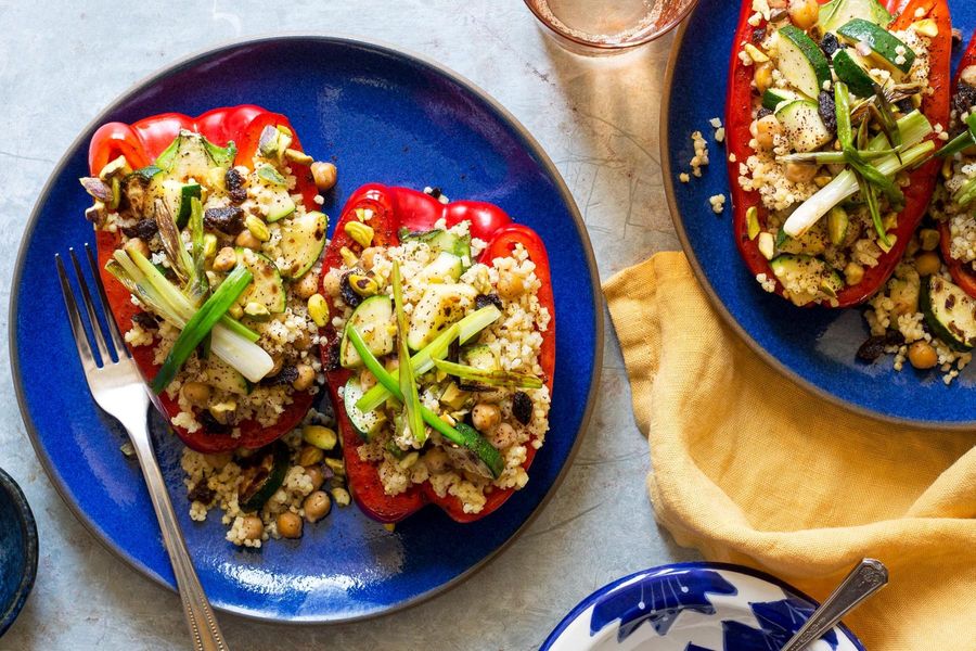 Mediterranean stuffed peppers with chickpeas, millet, and pistachios