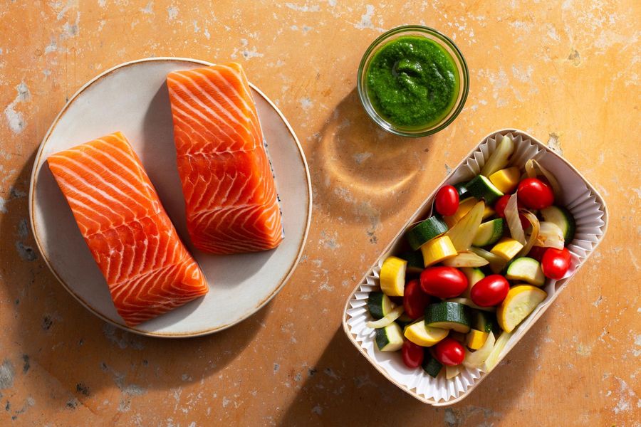 Seared salmon with chimichurri and Provençal vegetables