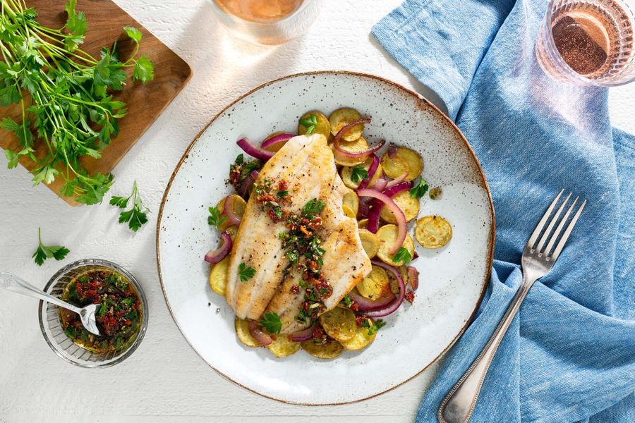 Sole with caramelized onions, potatoes, and sun-dried tomato za’atar