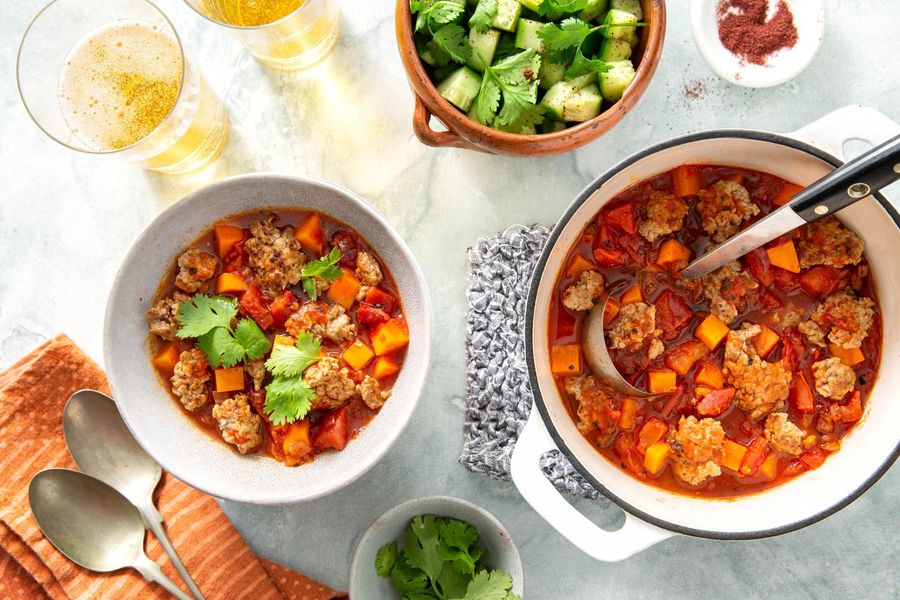 Chipotle turkey chili with sweet potato and sumac-cucumber salad