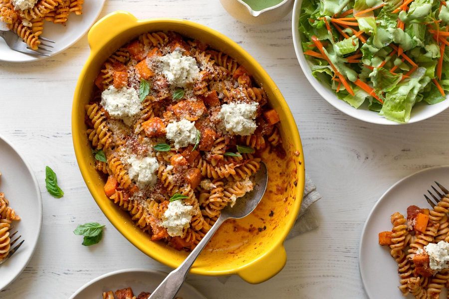 Baked pasta with butternut squash and Green Goddess salad