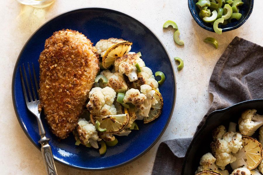 Walnut-crusted chicken diavola with lemon-roasted cauliflower