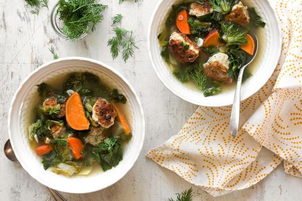 Italian meatball soup with sweet potatoes and escarole
