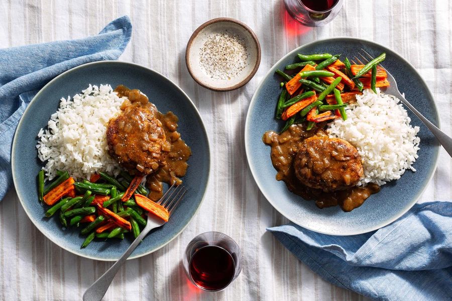 Salisbury-style turkey patties with porcini gravy and roasted vegetables