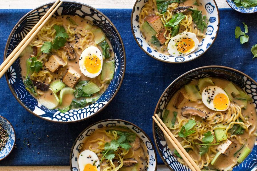 Miso ramen bowls with braised tofu and bok choy