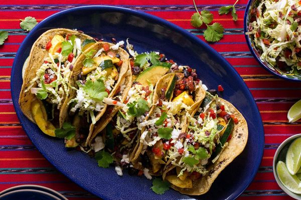 Summer squash and black bean tacos with cabbage–bell pepper slaw