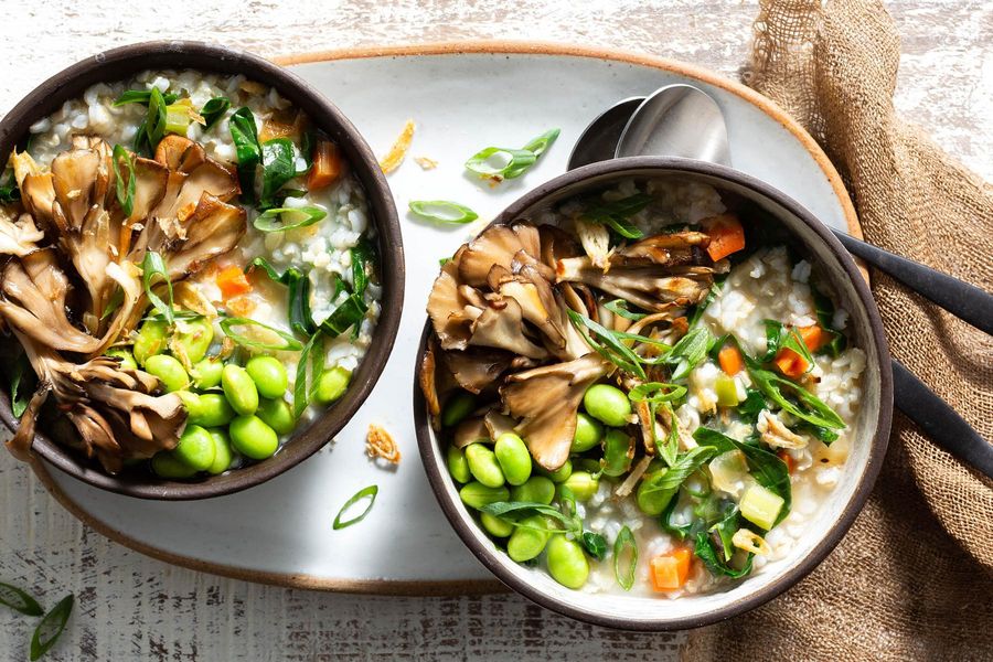 Brown rice congee with edamame, mushrooms, and ginger