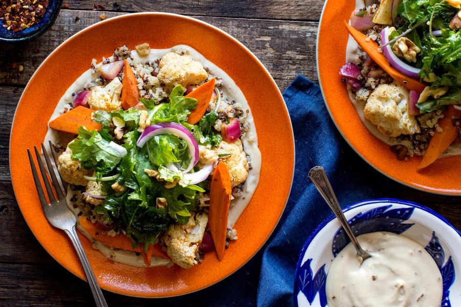 Mediterranean quinoa salad with ras el hanout–roasted vegetables