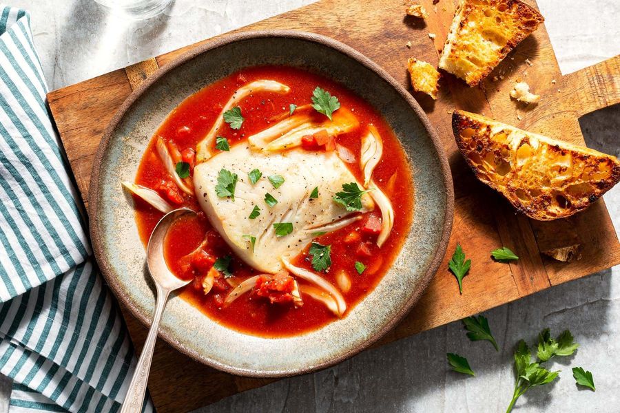 Provençal halibut bouillabaisse with toasted garlic ciabatta