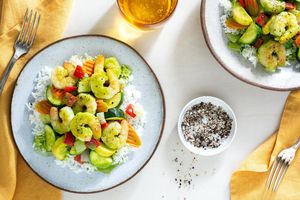 Spicy Thai green curry with shrimp, zucchini, and jasmine rice