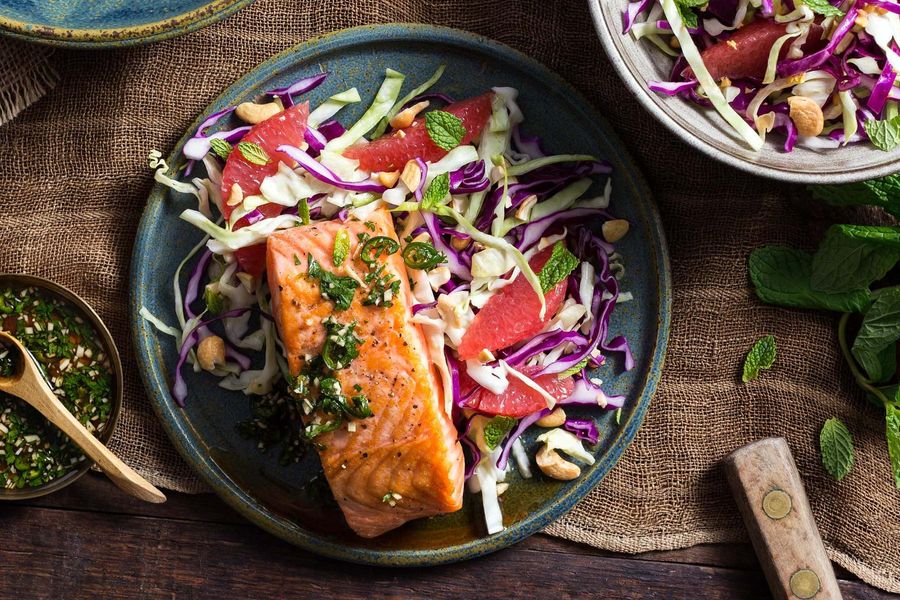 Thai style cod with grapefruit cabbage slaw