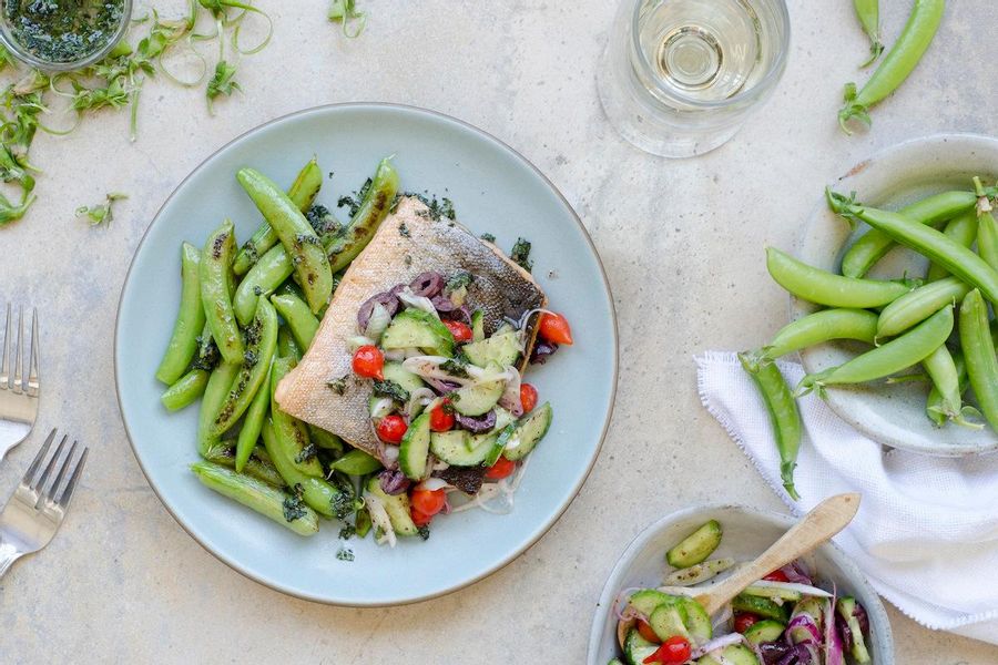 Seared fish and snap peas with Japanese cucumber slaw and mint oil 