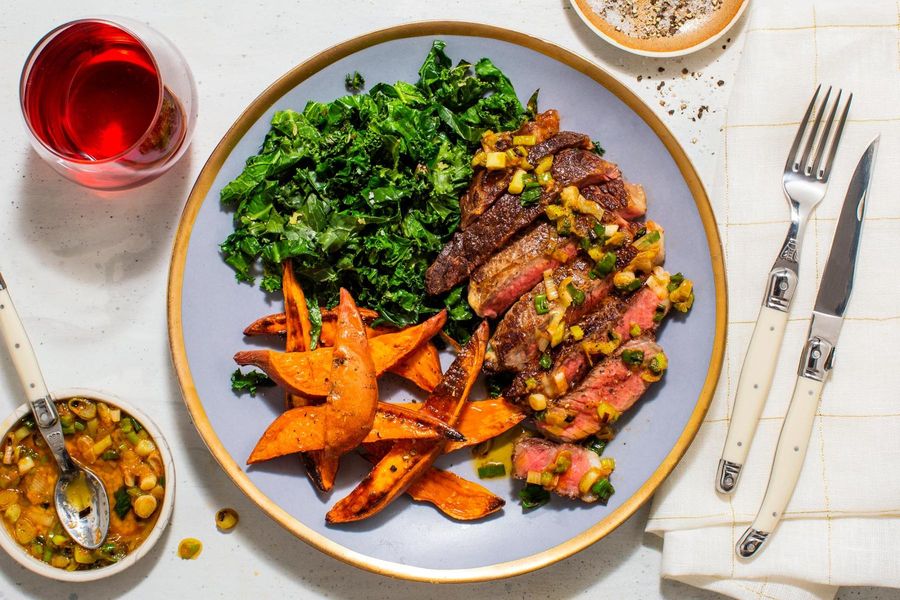 Black Angus steaks and roasted sweet potato with scallion-ginger relish