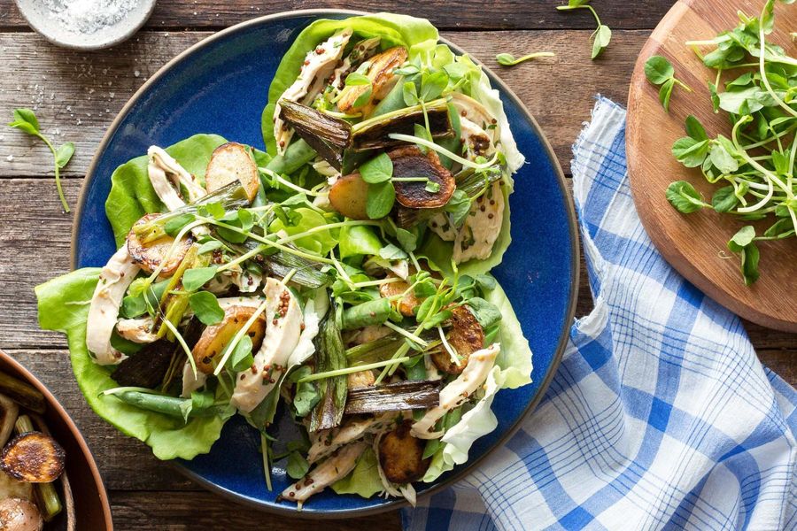 Chicken and new potato lettuce cups with tarragon-mustard dressing