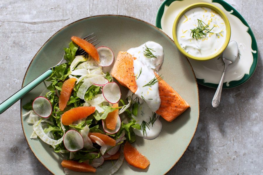 King salmon with dill-yogurt sauce and fennel-orange salad