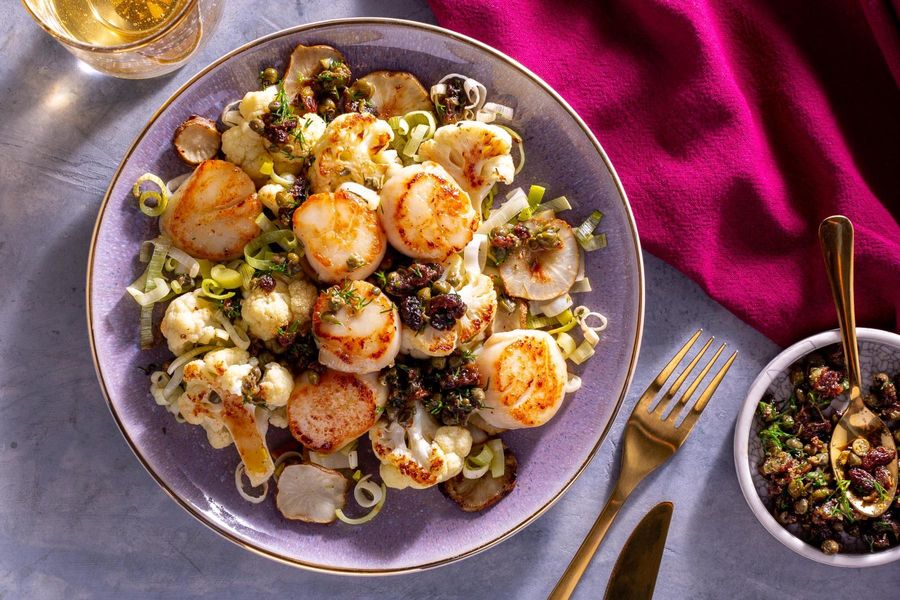 Sea scallops with roasted sunchokes and caper-raisin tapenade