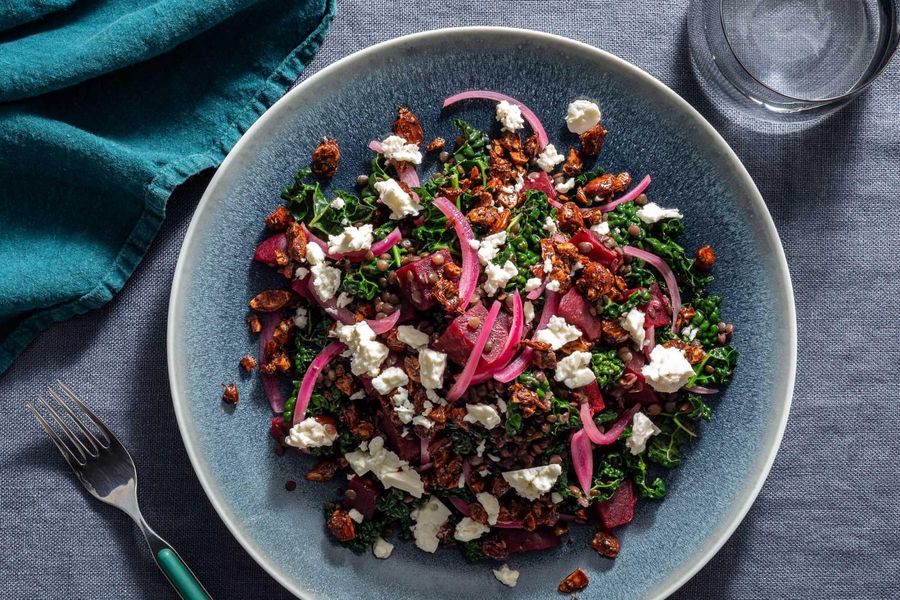 Middle Eastern spiced lentil salad with beets, kale, and feta