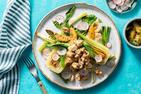 Cashew-lime glazed chicken with bok choy and orange salsa