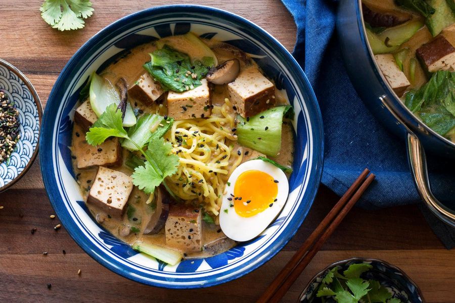 Miso ramen bowls with braised tofu and bok choy
