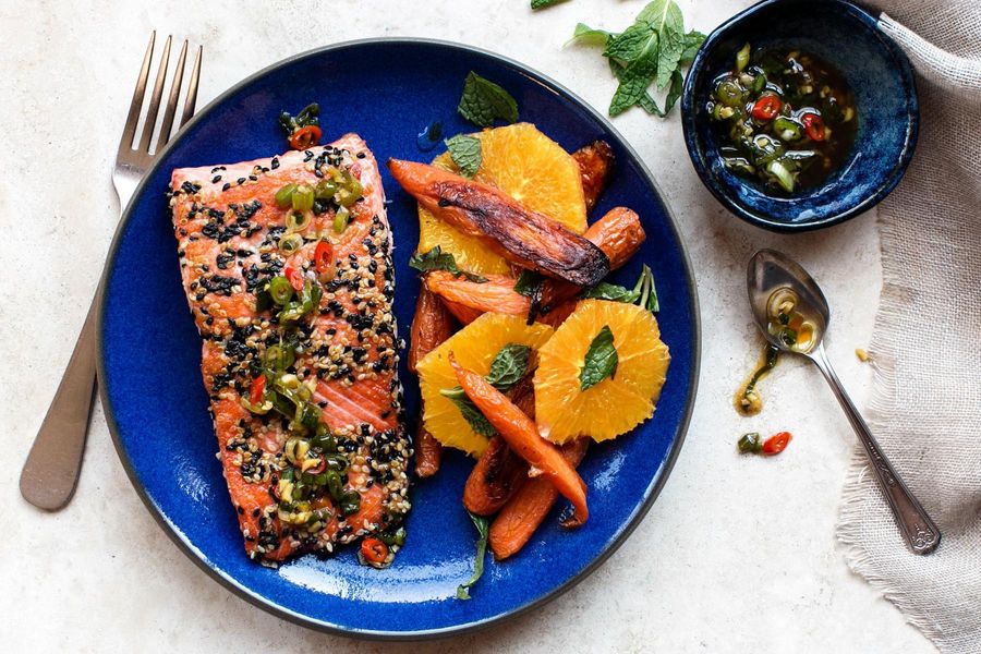 Sesame-crusted salmon with orange and roasted carrot salad