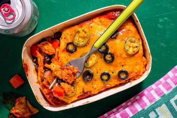 Chicken enchilada pie with olives and pickled jalapeños
