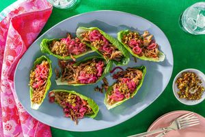 Cubano pork lettuce cups with mojo onions and mustard relish