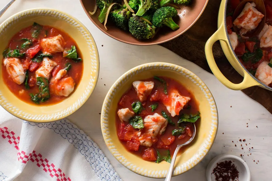 Mediterranean tomato-braised cod and broccoli with preserved lemon
