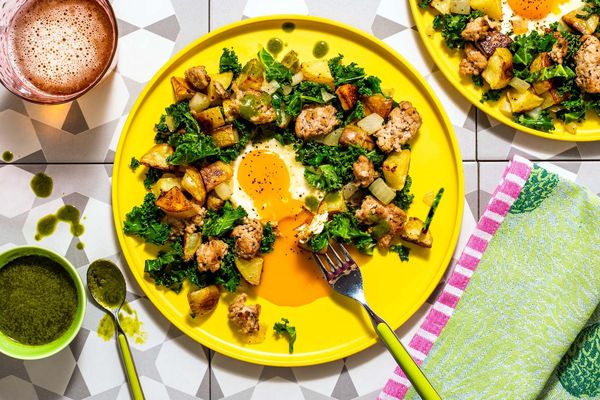 Turkey hash with runny eggs and spicy green harissa