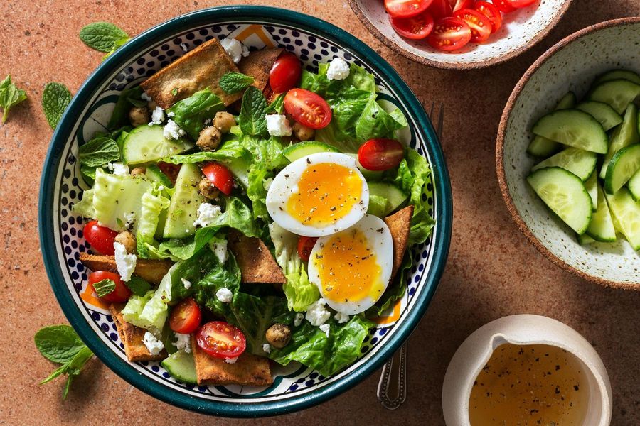 Fast fattoush salad with soft-cooked eggs and za’atar-spiced chickpeas