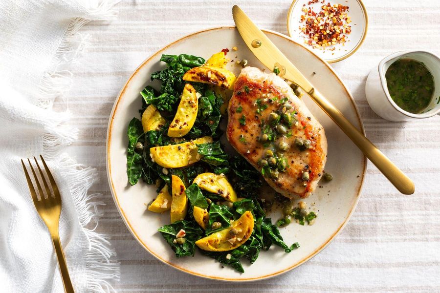 Pork piccata with lemon-caper pan sauce and sautéed zucchini