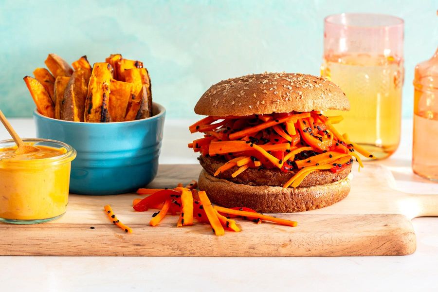 Bali tofu burgers with sambal mayo and sweet potato fries